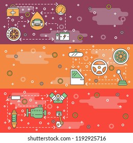 Car parts vector web banner template set. Auto spare parts thin line art flat style design elements, icons, copy space.