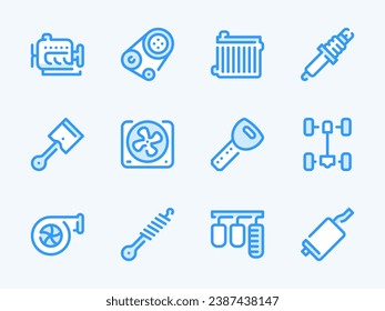 Piezas de automóvil e iconos de la línea vectorial de reparación de vehículos. Conjunto de iconos de servicio automático y esquema del taller. Motor, turbina, pistón, bujía, radiador, tubo de escape y más.