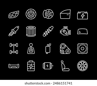 Car parts, white line icons. Auto repair, maintenance, and service station icons. Components and accessories for various car models. Symbols on black background. Editable stroke.