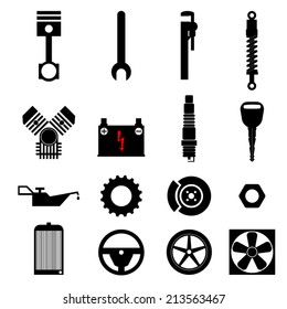 Car parts and car workshop, black&white icons 