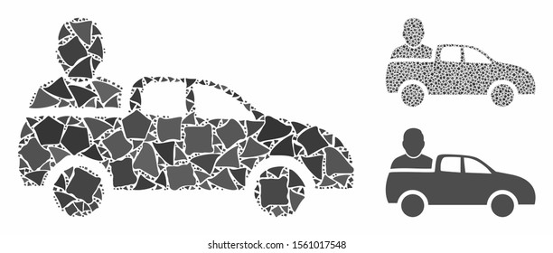 Car passenger mosaic of inequal parts in various sizes and color hues, based on car passenger icon. Vector inequal parts are composed into mosaic. Car passenger icons collage with dotted pattern.