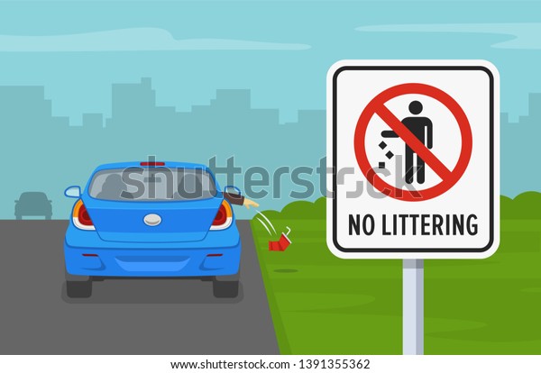 Car passenger throwing an empty\
glass on road. No littering sign. Flat vector\
illustration.
