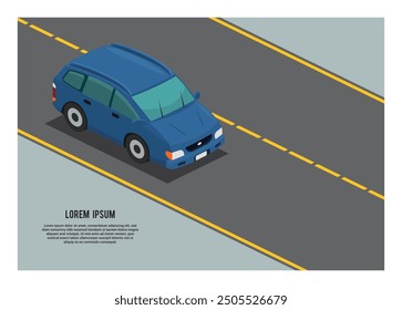 Car passing an empty road. Simple flat illustration in isometric view.
