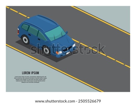 Car passing an empty road. Simple flat illustration in isometric view.
