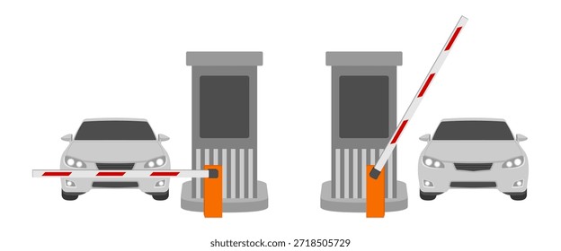 Coche que pasa el poste de seguridad con la barrera abierta y cercana, Ilustración vectorial aislada en el fondo blanco.
