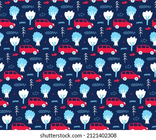 Car pattern for baby boys. Print with transport, forest trees. Hand drawn childish illustration in flat organic style for nursery products design. Seamless texture with cartoon van on blue background.