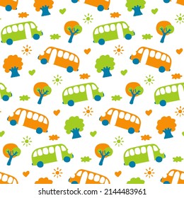 Car pattern with cartoon buses for baby fabric. Kids seamless print with bright orange green vehicles traveling in forest of tree. White background for infant textile. Wallpaper for children's design.