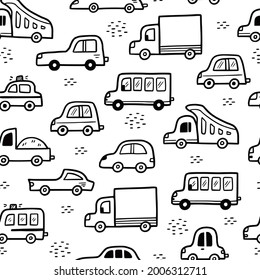 Car pattern. Doodle sketch style seamless background. Hand drawn toy car vector illustration for baby texture, print.