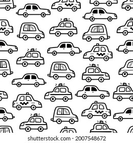 Car pattern. Doodle sketch style seamless background. Hand drawn toy car vector illustration for baby texture, print.