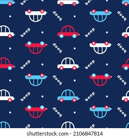 Car pattern for preschool boys. Children's print with rounded cartoon automobiles in blue, white, red on dark background with white words BEEP. Vector vehicle illustration for kids products design.