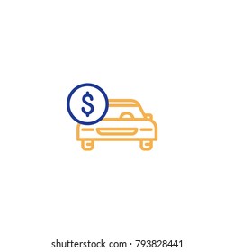 Car payment, front view, transportation cost, buy and sell services, vector mono line icon