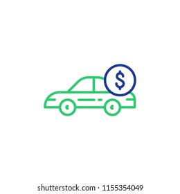 Car payment, side view, transportation cost, buy and sell services, vector mono line icon