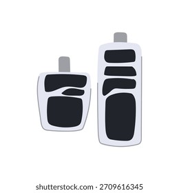 Los pedales de los coches, incluyendo un acelerador y un freno, ilustran los conceptos de velocidad, control y transporte sobre un fondo blanco limpio, destacando los mecanismos de conducción esenciales