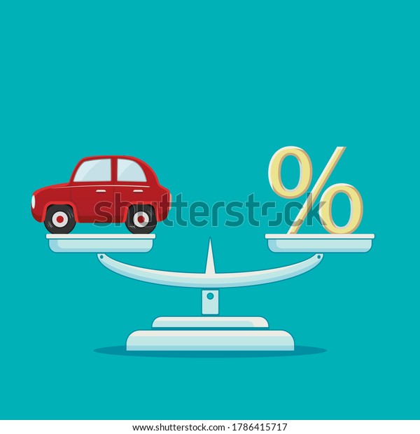 Car and percent sign on scales. Loan and\
insurance concept. Vector\
illustration.