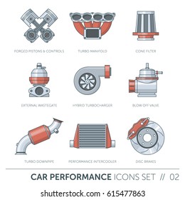 Car performance - icons set. Flat style design