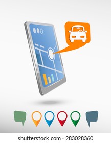 Car and perspective smartphone vector realistic. Set of bright map pointers for printing, website, presentation element and application mockup.