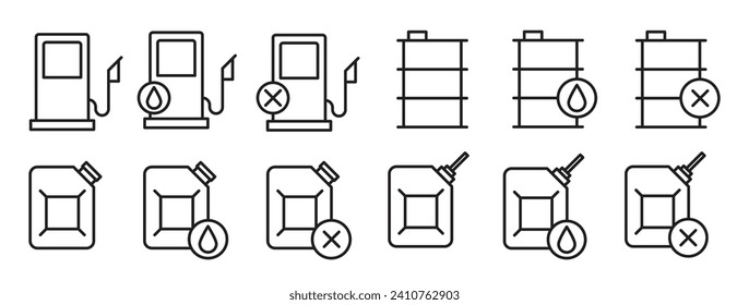 Car petrol or diesel fuel pump station vector icon set. fossil oil drum sign. refuel canister symbol.