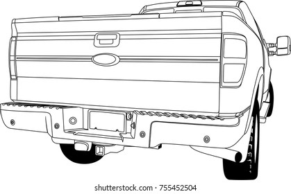 Car pick up back view outline black white vector
