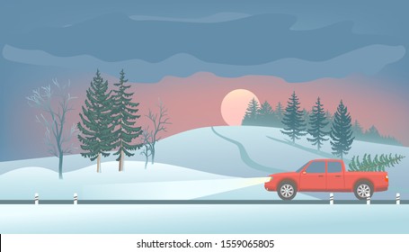 Car pickup with christmas tree. Sunset over snowy hill. Winter landscape. Fir, Trees and road  in the foreground. Forest far away. Vector illustration.