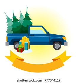 Car pickup with Christmas trees and ribbon banner. Vector illustration isolated on white background for logos, stickers and other items.