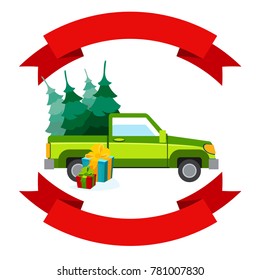 Car pickup with Christmas trees and ribbon banner. Vector illustration isolated on white background for logos, stickers and other items.