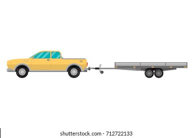 Car pickup with trailer flat vector illustration isolated on white background. Pickup truck with trailer for transportation several obgect or small cargo.