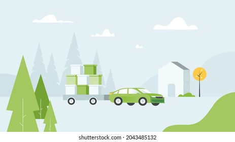 car pickup with trailer. Out of home, outdoor advertising. Vector illustration, flat cartoon style. Isolated on white background.