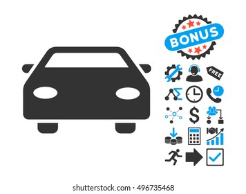 Car pictograph with bonus design elements. Vector illustration style is flat iconic bicolor symbols, blue and gray colors, white background.