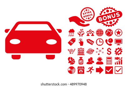 Car pictograph with bonus symbols. Vector illustration style is flat iconic symbols, red color, white background.