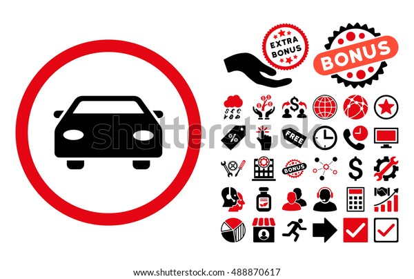 Car pictograph with bonus symbols. Vector\
illustration style is flat iconic bicolor symbols, intensive red\
and black colors, white\
background.