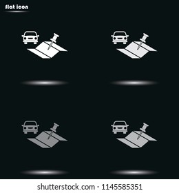 Car and pin on the map flat grayscale vector icon.