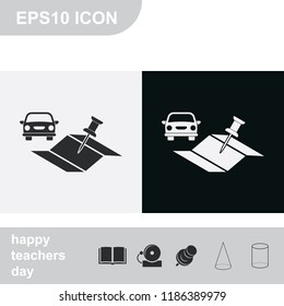 Car and pin on the map flat black and white vector icon.