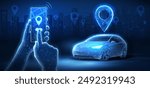 Car with pin and phone in hands. Auto tech, Parking application, Car sharing, Uber service, Mobile navigation technologies, Share ride, City taxi, Parking search, Map location, Rideshare concept.