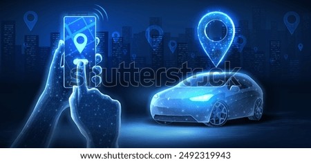 Car with pin and phone in hands. Auto tech, Parking application, Car sharing, Uber service, Mobile navigation technologies, Share ride, City taxi, Parking search, Map location, Rideshare concept.