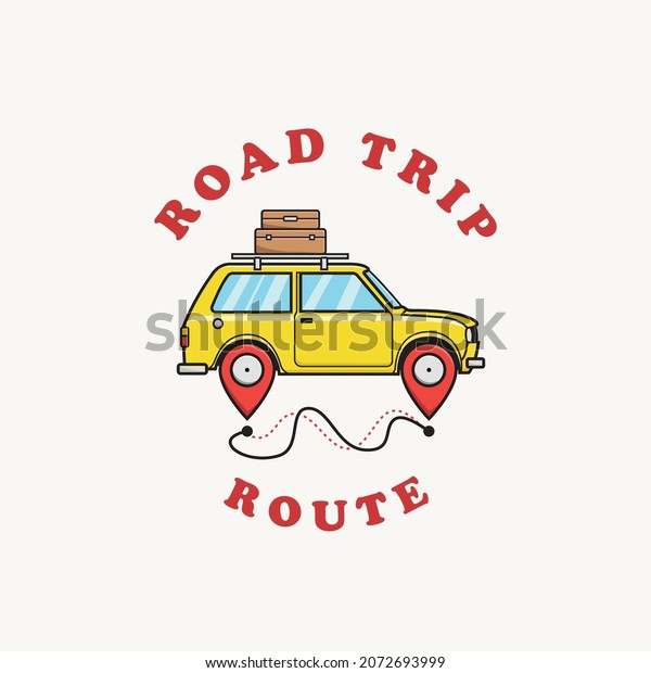 Car with pin point map, Road trip\
route logo icon sign poster banner vector\
illustration