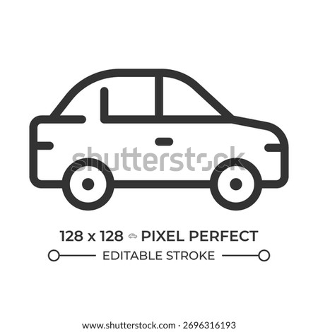 Car pixel perfect line icon. Driving automobile. Comfortable personal vehicle. Transportation freedom. Isolated vector illustration. Outline symbol. Simple linear drawing. Editable stroke