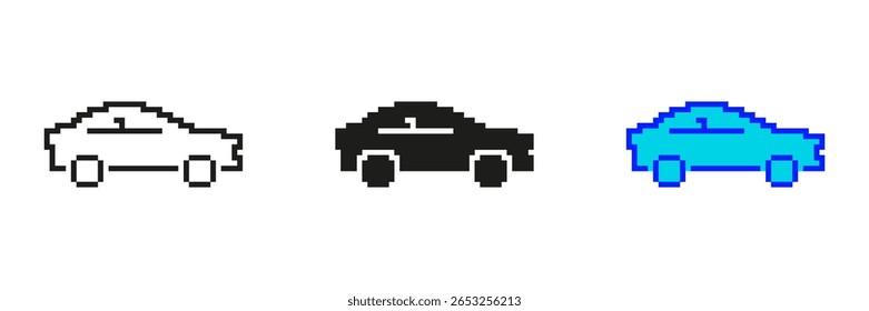 Car Pixelated Icon Set. Pixel Art Icon of a Vehicle for Transportation. Automobile Symbol for Driving and Travel. Isolated Vector Illustration.