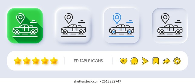Car place line icon. Neumorphic, Flat shadow, 3d buttons. Transport location pin sign. Transit service symbol. Line car place icon. Social media icons. Vector