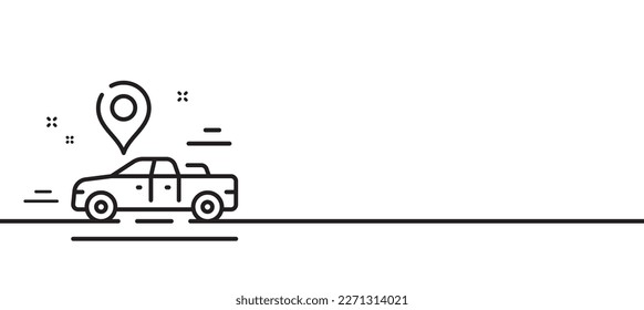 Icono de línea de ubicación del automóvil. Señal del pin de ubicación de transporte. Símbolo del servicio de tránsito. Fondo mínimo de la ilustración de línea. Banner de patrón de icono de línea de lugar de automóvil. Concepto de plantilla web blanca. Vector