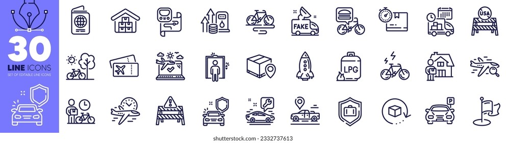 Car place, Car secure and Wholesale goods line icons pack. Passport, Bike courier, E-bike web icon. Warning road, Gas cylinder, Flight time pictogram. Search flight, Food delivery, Bicycle. Vector