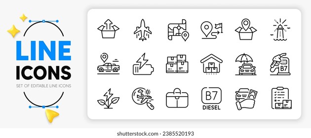 Car place, Send box and Car insurance line icons set for app include Wholesale inventory, Map, Battery outline thin icon. Package location, Storage, Inventory checklist pictogram icon. Vector