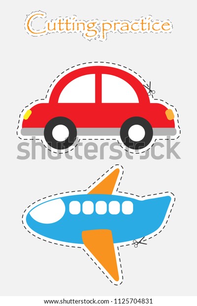Car and plane in cartoon\
style, cutting practice, education game for the development of\
preschool children, use scissors, cut the images, vector\
illustration