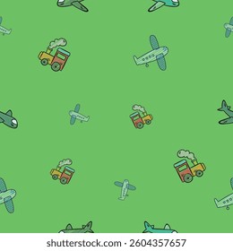 Car and plane seamless pattern set for boy pajama clothing or bedding textile. Cute vector not directional designs with clouds, think bubble and sleep sound graphic.