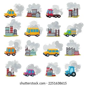 Car and Plants Emitting Smoke as Air Pollution Source Big Vector Set