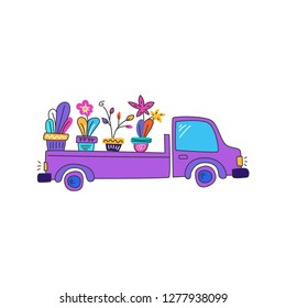 Car with plants. Trendy aesthetic gardening. Concept plant delivery. Drawn in a cartoon style.