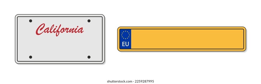 Placa de coche con número. Licencia americana y europea y registro de vehículos. Signo de licencia california y europa. Número de placas de autos Euro y USA. Plantillas de estilo. Vector.