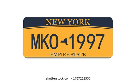 Car plate numbers New York. American yellow vehicle licence. Isolated vector sign symbol.