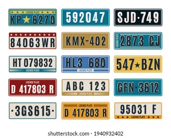 Car plates. Aluminum embossed retro auto numbers, metal licence identifications, color vehicle number combinations. Tags and frames template. Auto registration typeface vector set