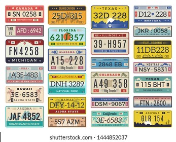 Car Plates. Highway Automobile License Numbers Old Retro Style Vector Signs Collection. Illustration Of Auto Plate, Automobile Number Car