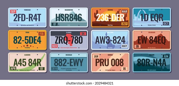 Car plates. Steel vehicle license numbers for usa regions colorado america texas info schemes with numbers and letters garish vector picture templates